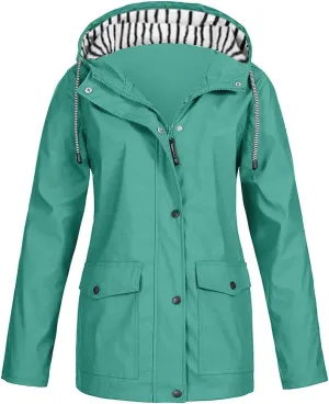 2025 Spring Fashion Womens Raincoat Fit Waterproof Dressy Zip up Rain Jacket Windbreaker with Pockets Hood