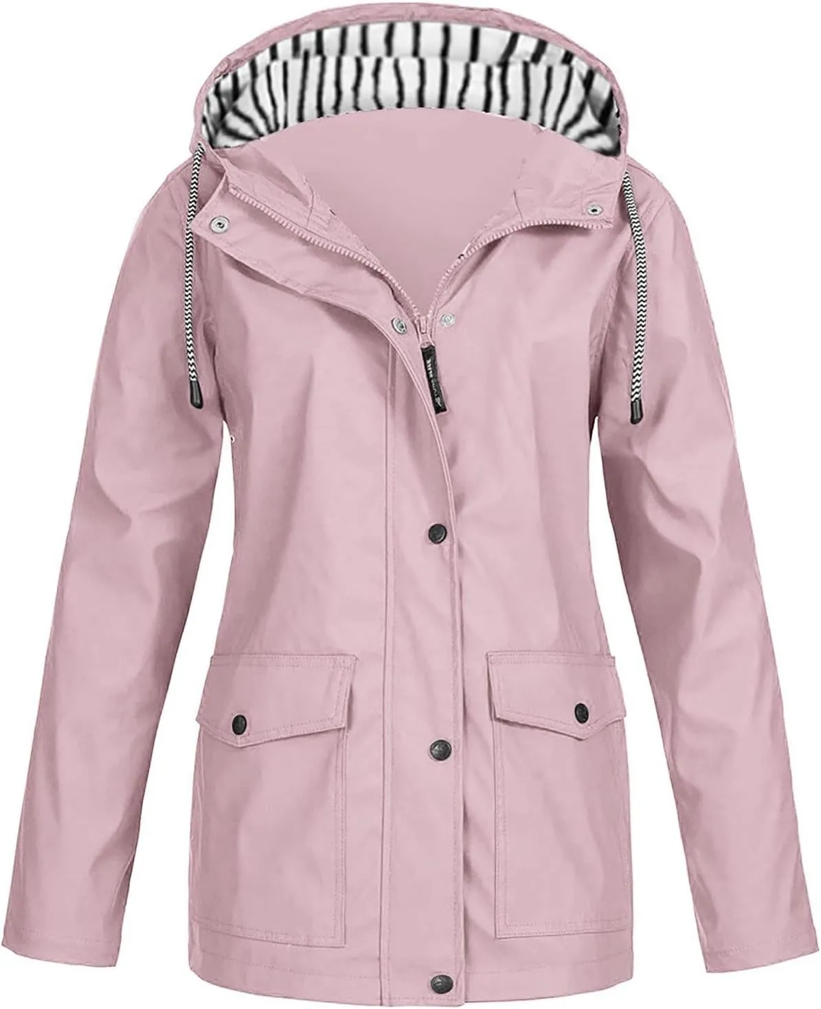 2025 Spring Fashion Womens Raincoat Fit Waterproof Dressy Zip up Rain Jacket Windbreaker with Pockets Hood