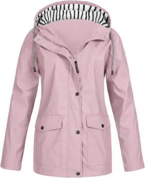2025 Spring Fashion Womens Raincoat Fit Waterproof Dressy Zip up Rain Jacket Windbreaker with Pockets Hood