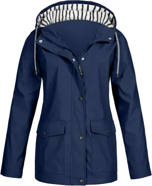 2025 Spring Fashion Womens Raincoat Fit Waterproof Dressy Zip up Rain Jacket Windbreaker with Pockets Hood