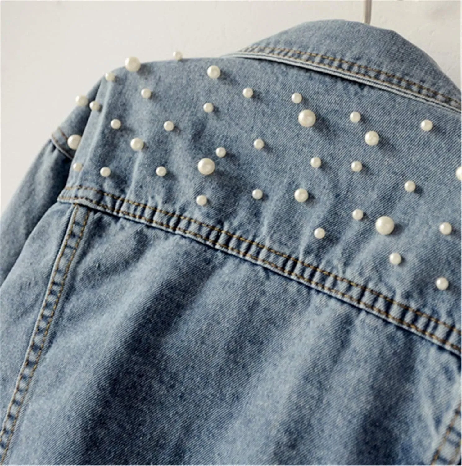 Andongnywell Women Oversized Denim Jacket Beading Jeans Ladies Oversized Denim Jacket Pearls Jeans Coat
