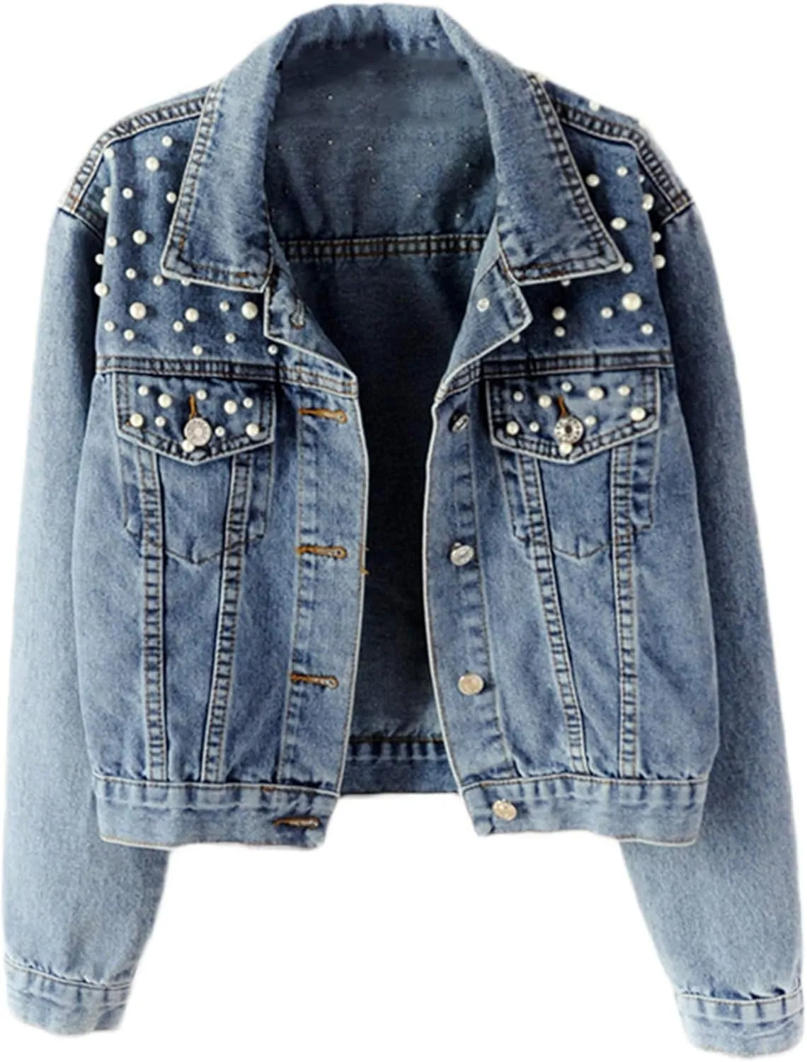Andongnywell Women Oversized Denim Jacket Beading Jeans Ladies Oversized Denim Jacket Pearls Jeans Coat