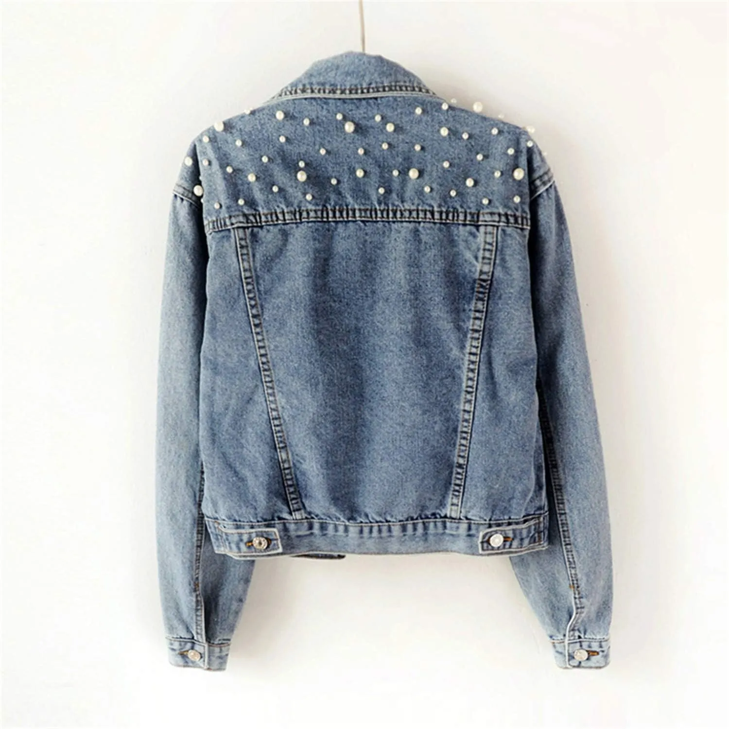 Andongnywell Women Oversized Denim Jacket Beading Jeans Ladies Oversized Denim Jacket Pearls Jeans Coat