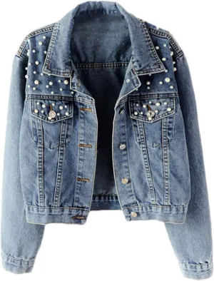 Andongnywell Women Oversized Denim Jacket Beading Jeans Ladies Oversized Denim Jacket Pearls Jeans Coat