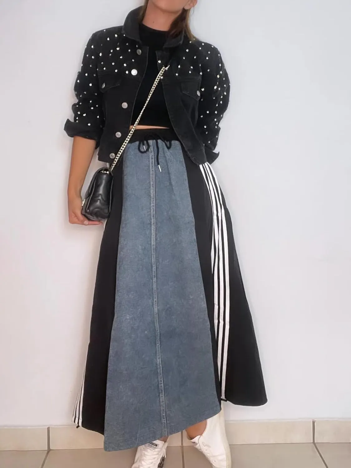 Angsuttc Long Denim Skirts for Women A Line Drawstring Jean Skirt Stripes Patchwork Elastic High Waist Maxi Skirt Pockets