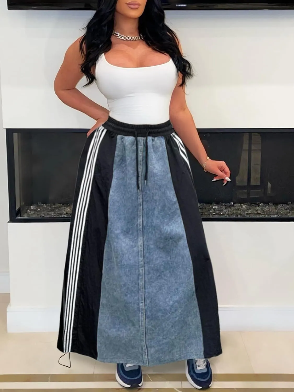 Angsuttc Long Denim Skirts for Women A Line Drawstring Jean Skirt Stripes Patchwork Elastic High Waist Maxi Skirt Pockets