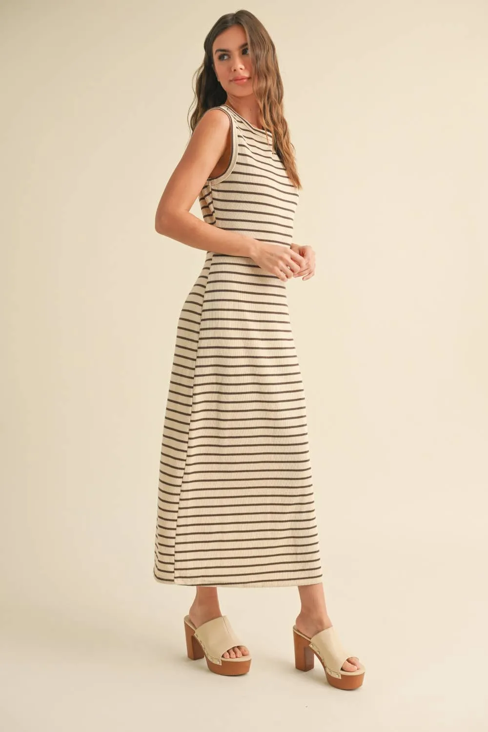 Beige & Brown Striped Pattern Knitted Dress
