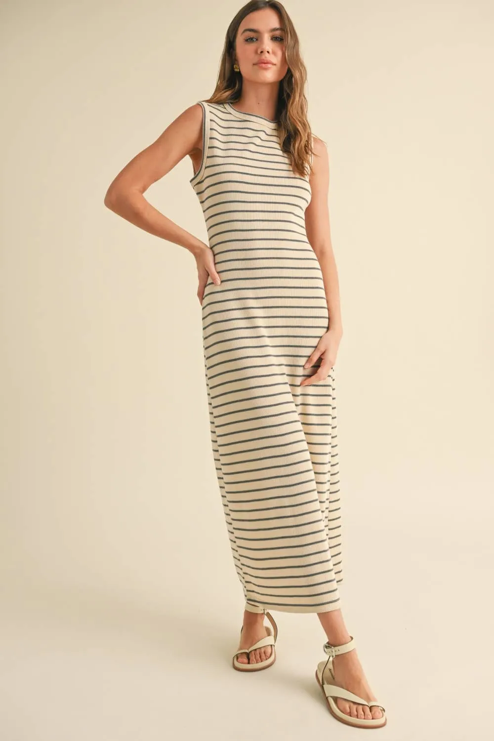 Beige & Brown Striped Pattern Knitted Dress