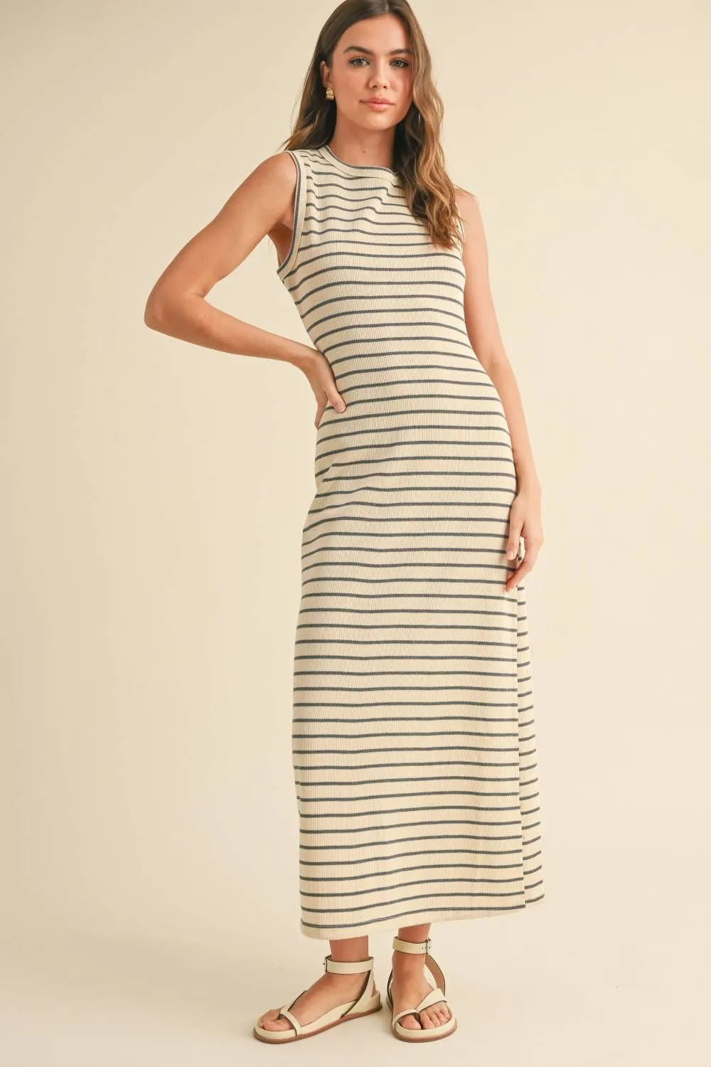 Beige & Brown Striped Pattern Knitted Dress
