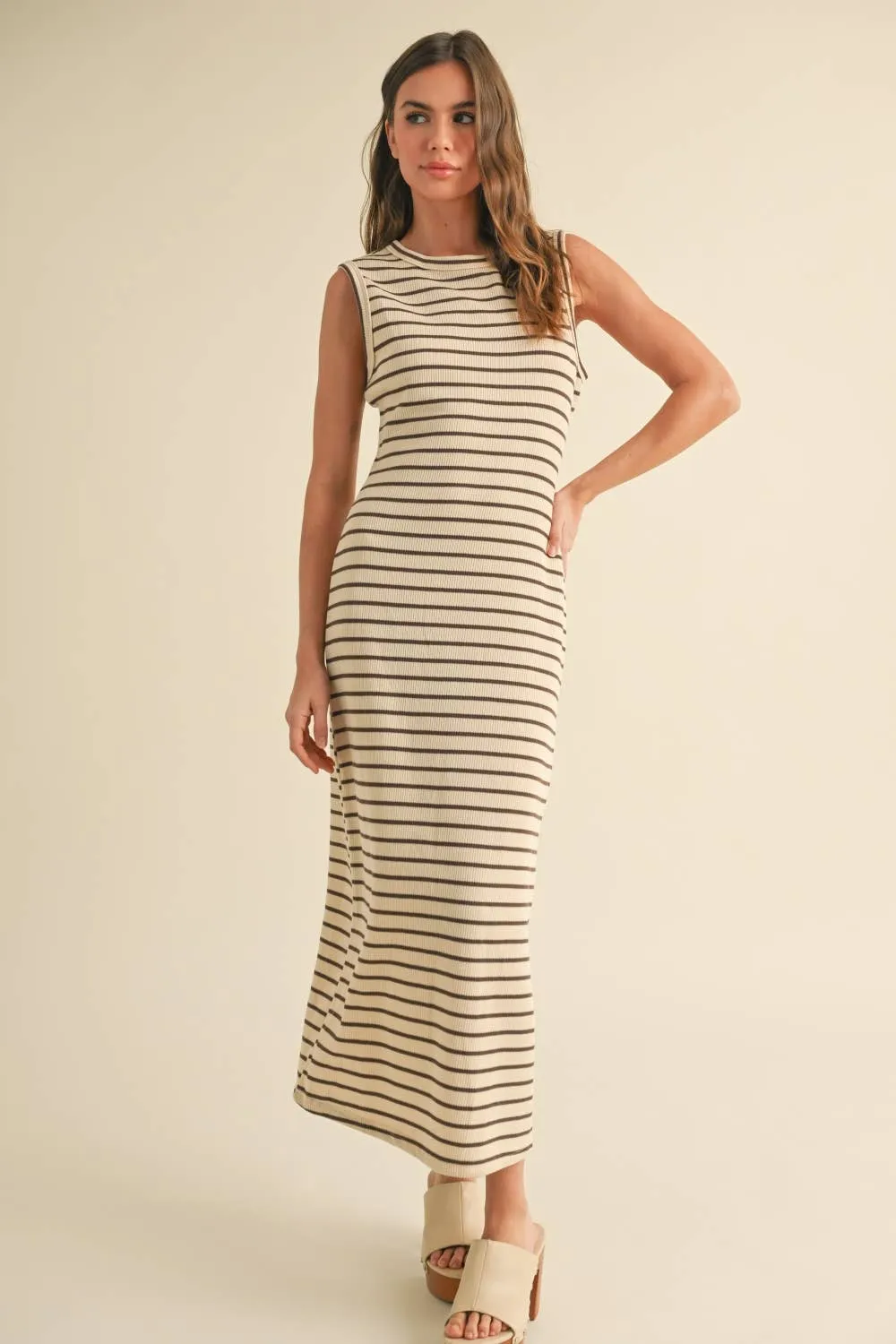 Beige & Brown Striped Pattern Knitted Dress