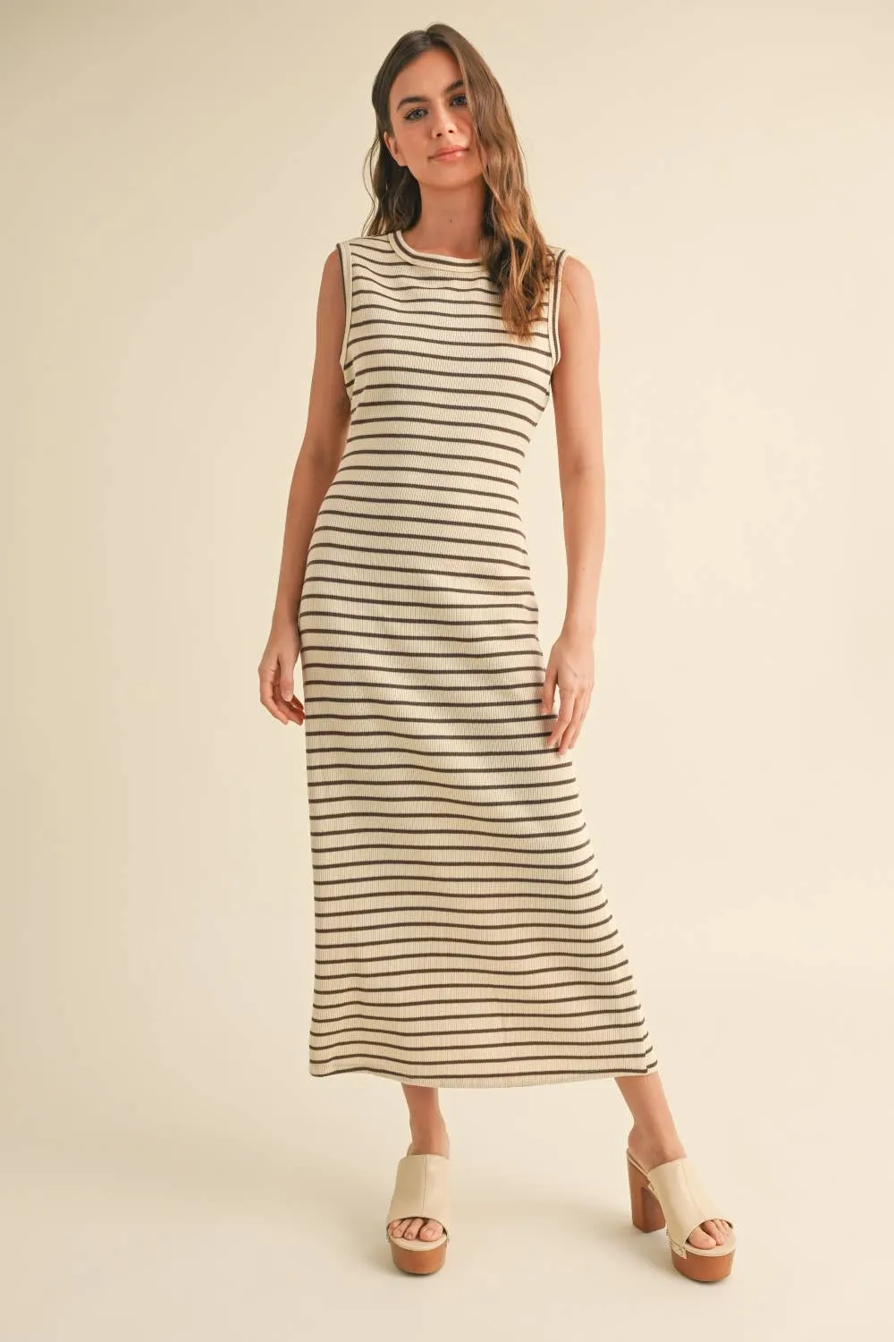 Beige & Brown Striped Pattern Knitted Dress