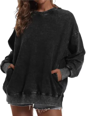 BINTEHGS Oversized Sweatshirt for Women Loose Fit Cotton Pullover Vintage Crew Neck Sweatshirts with Pocket Long Sleeve Shirt