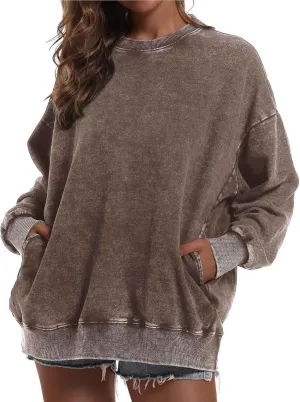 BINTEHGS Oversized Sweatshirt for Women Loose Fit Cotton Pullover Vintage Crew Neck Sweatshirts with Pocket Long Sleeve Shirt