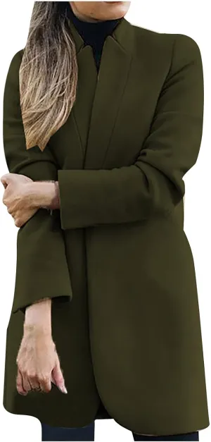 Blazer Jackets for Women Elegant Mid-long Cardigan Wool Blend Jacket Long Sleeve Winter Fall Trench Coats Outerwear