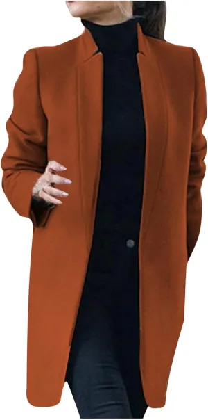 Blazer Jackets for Women Elegant Mid-long Cardigan Wool Blend Jacket Long Sleeve Winter Fall Trench Coats Outerwear