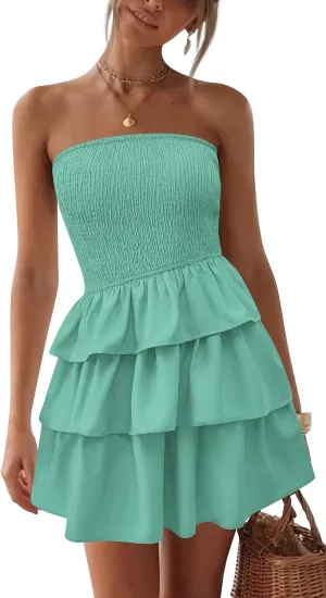 BTFBM Summer Dresses for Women Beach Dresses Strapless Boho Sundress Solid Color Tube Mini Dresses Party Dresses