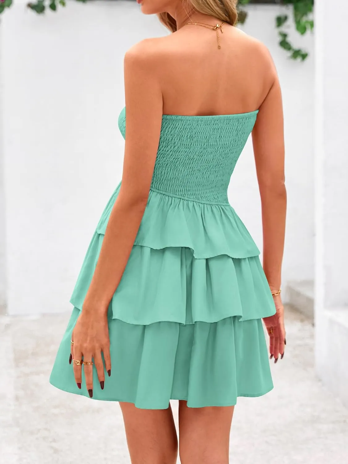 BTFBM Summer Dresses for Women Beach Dresses Strapless Boho Sundress Solid Color Tube Mini Dresses Party Dresses
