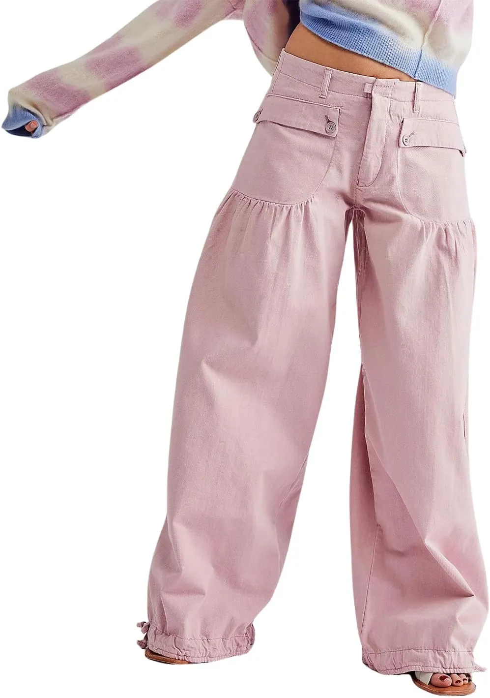 chouyatou Women's Boyfriend Baggy Jeans Y2k Barrel Wide Leg Jeans Drawstring Bottom Pleated Denim Pants