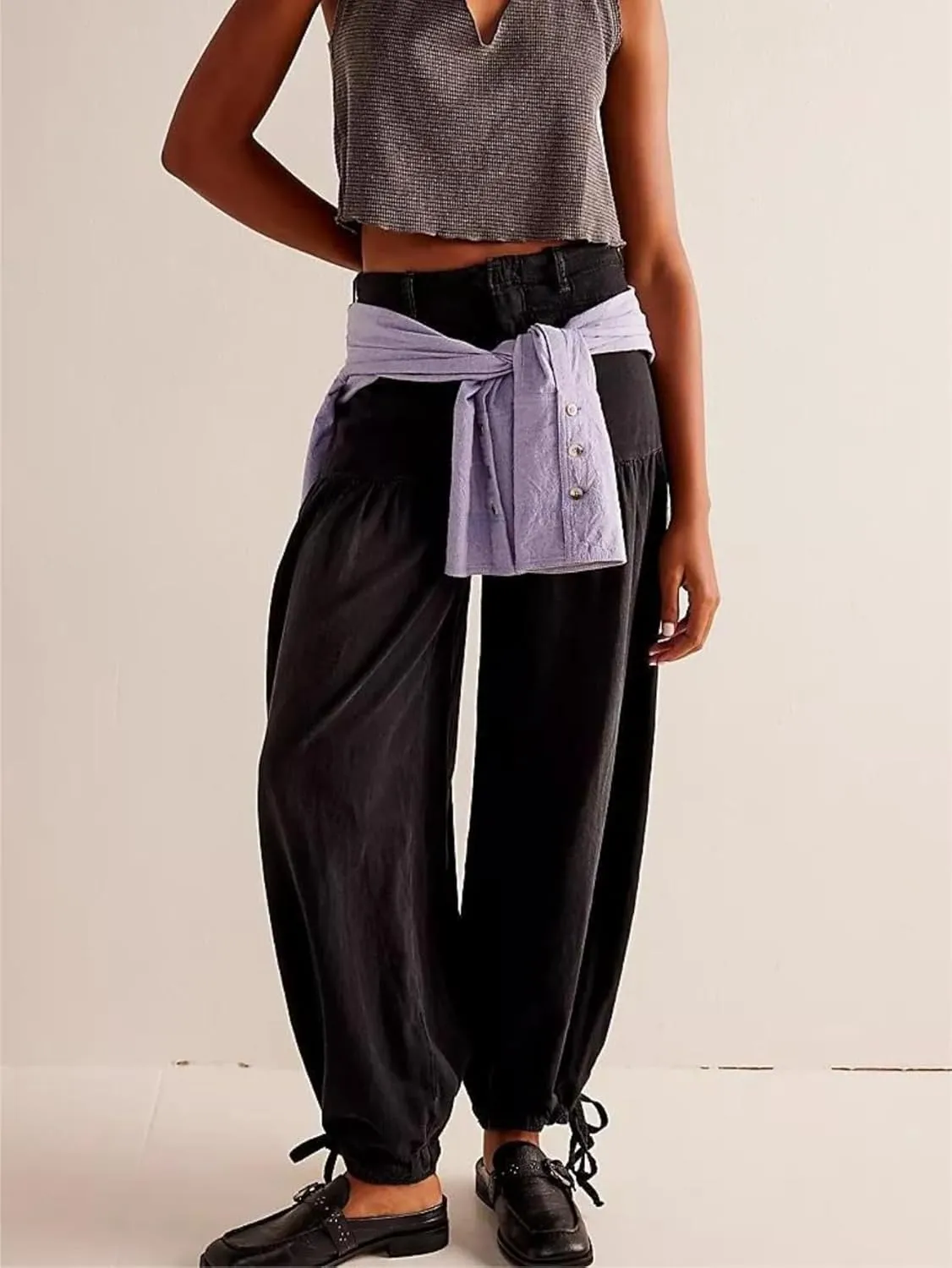 chouyatou Women's Boyfriend Baggy Jeans Y2k Barrel Wide Leg Jeans Drawstring Bottom Pleated Denim Pants
