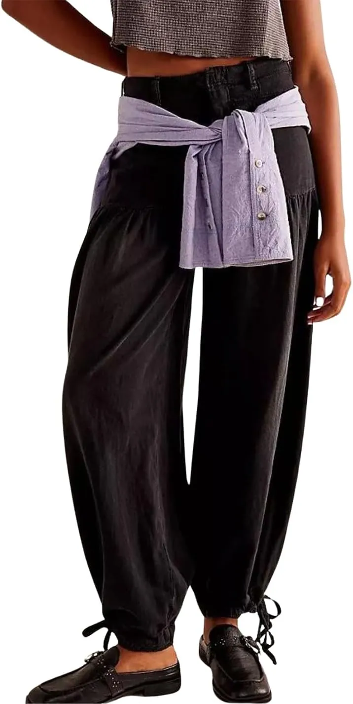 chouyatou Women's Boyfriend Baggy Jeans Y2k Barrel Wide Leg Jeans Drawstring Bottom Pleated Denim Pants