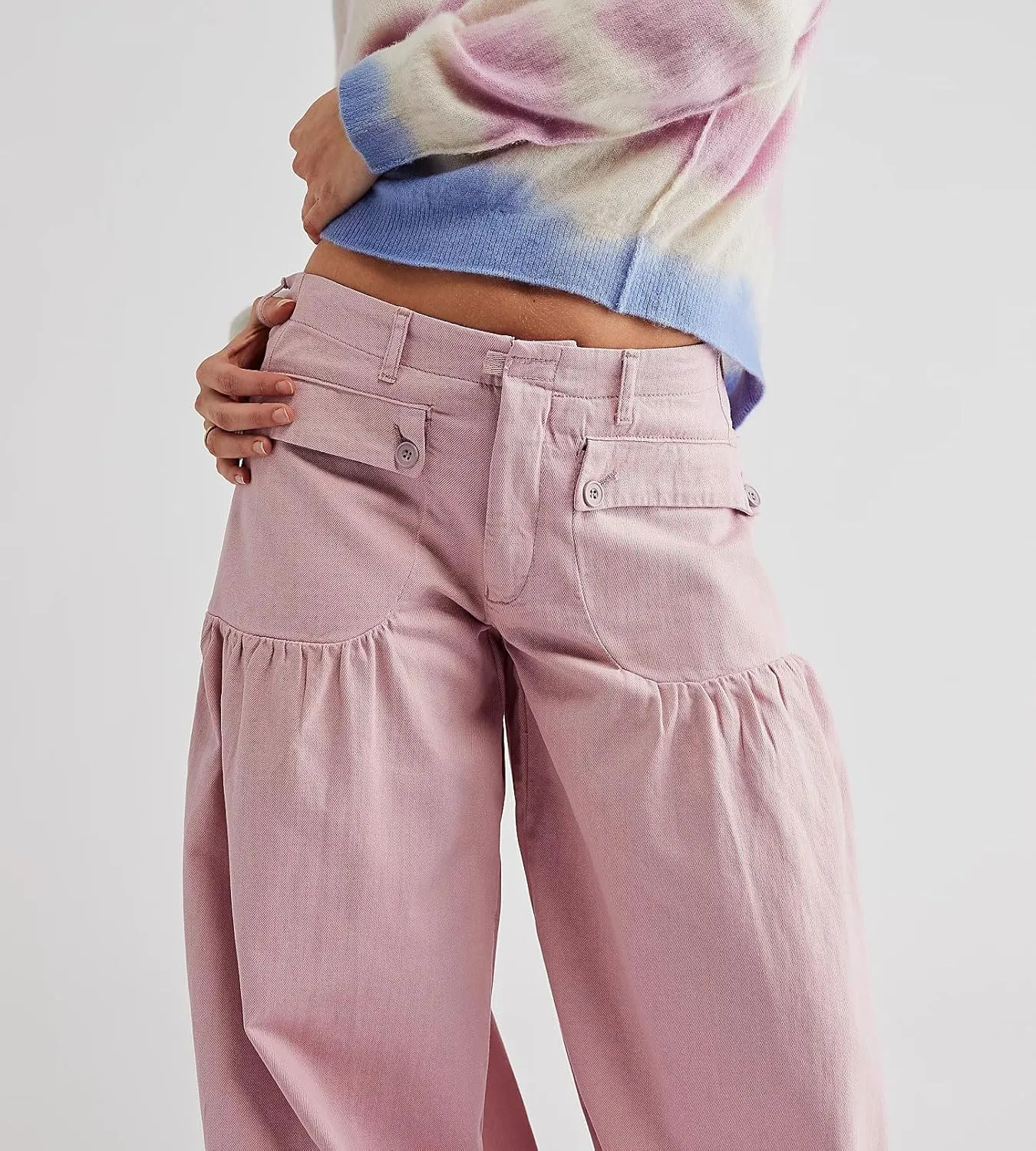 chouyatou Women's Boyfriend Baggy Jeans Y2k Barrel Wide Leg Jeans Drawstring Bottom Pleated Denim Pants