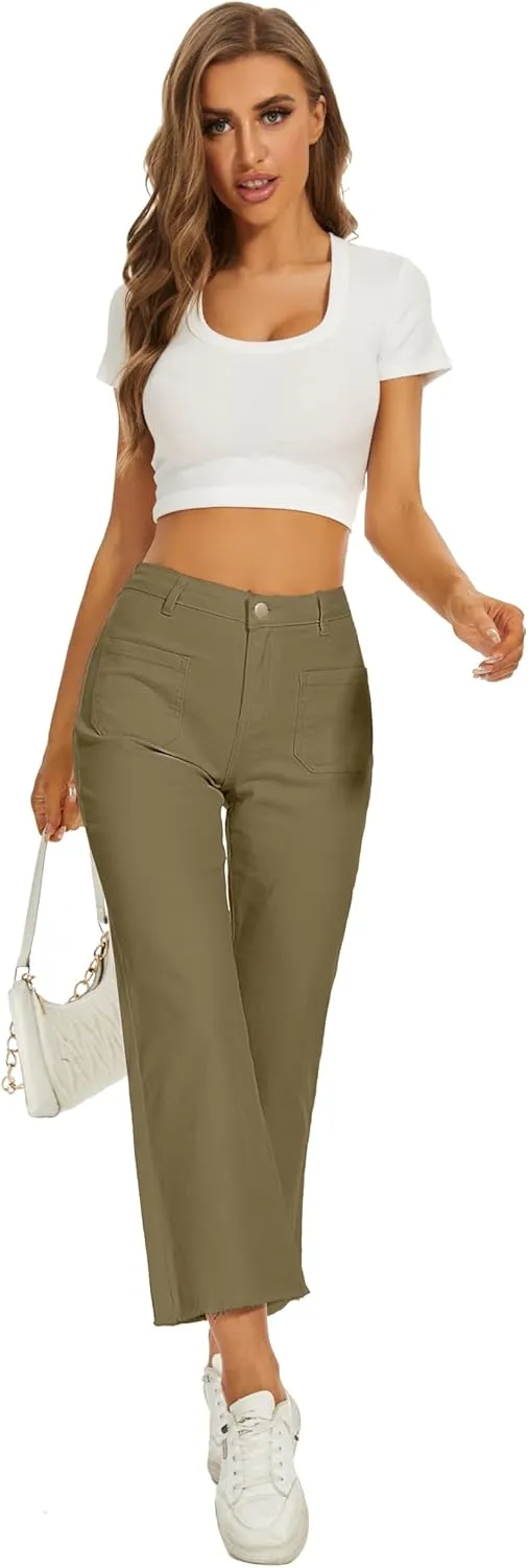 Denim Women Cropped Trousers Jeans Pants Leg Jeans High Rise Pants Stretchy with Pockets