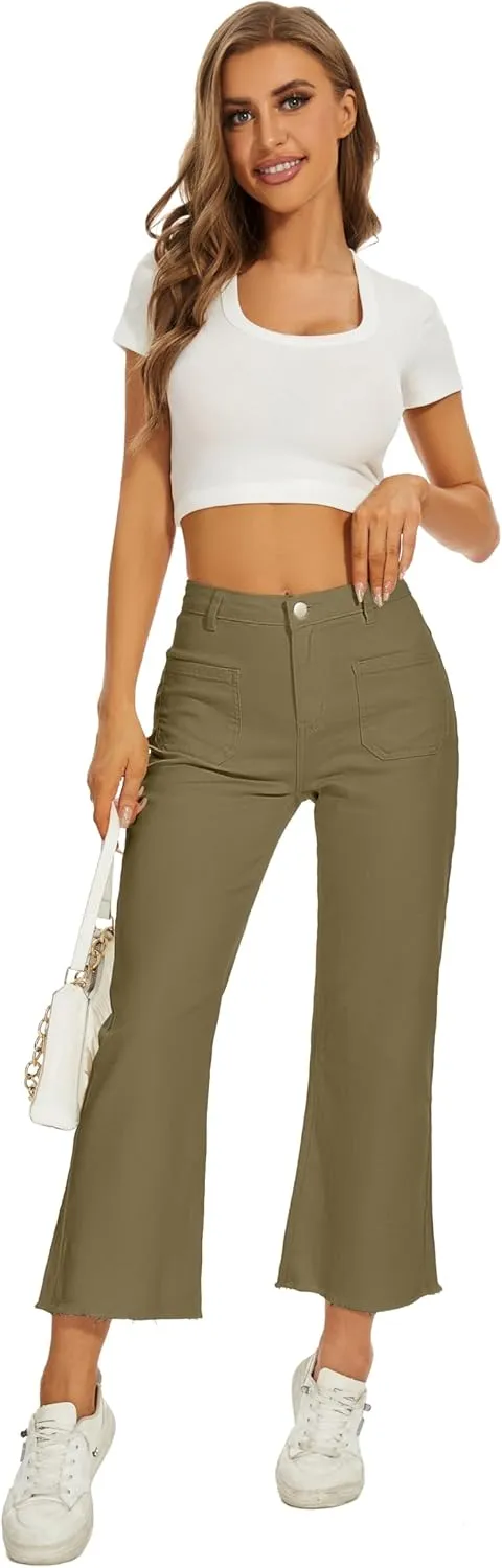 Denim Women Cropped Trousers Jeans Pants Leg Jeans High Rise Pants Stretchy with Pockets