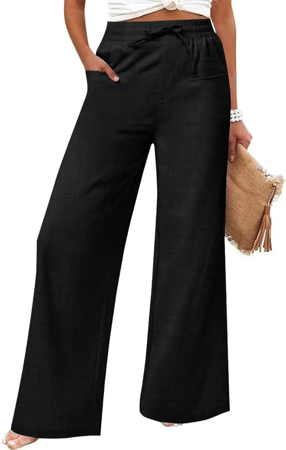 eoeioa Linen Wide Leg Pants for Women Casual Elastic High Waisted Lounge Pants Business Casual Office Pant with Pockets