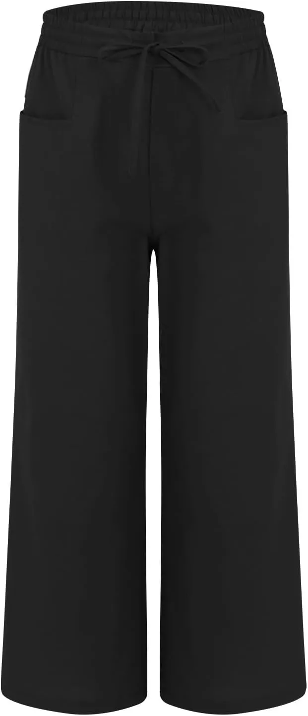 eoeioa Linen Wide Leg Pants for Women Casual Elastic High Waisted Lounge Pants Business Casual Office Pant with Pockets