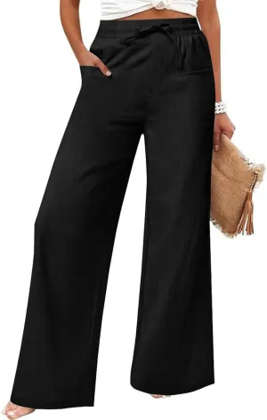 eoeioa Linen Wide Leg Pants for Women Casual Elastic High Waisted Lounge Pants Business Casual Office Pant with Pockets