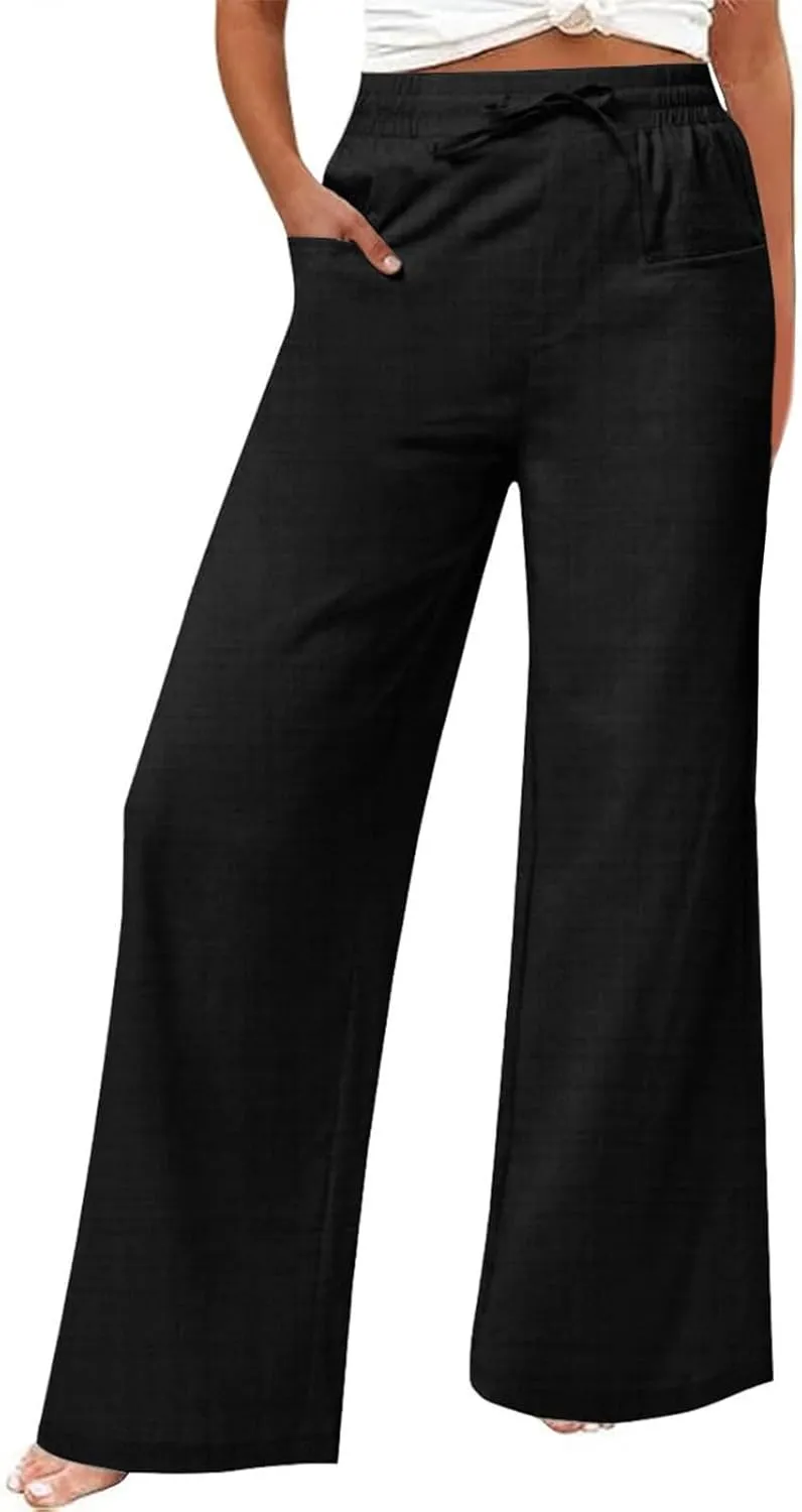 eoeioa Linen Wide Leg Pants for Women Casual Elastic High Waisted Lounge Pants Business Casual Office Pant with Pockets