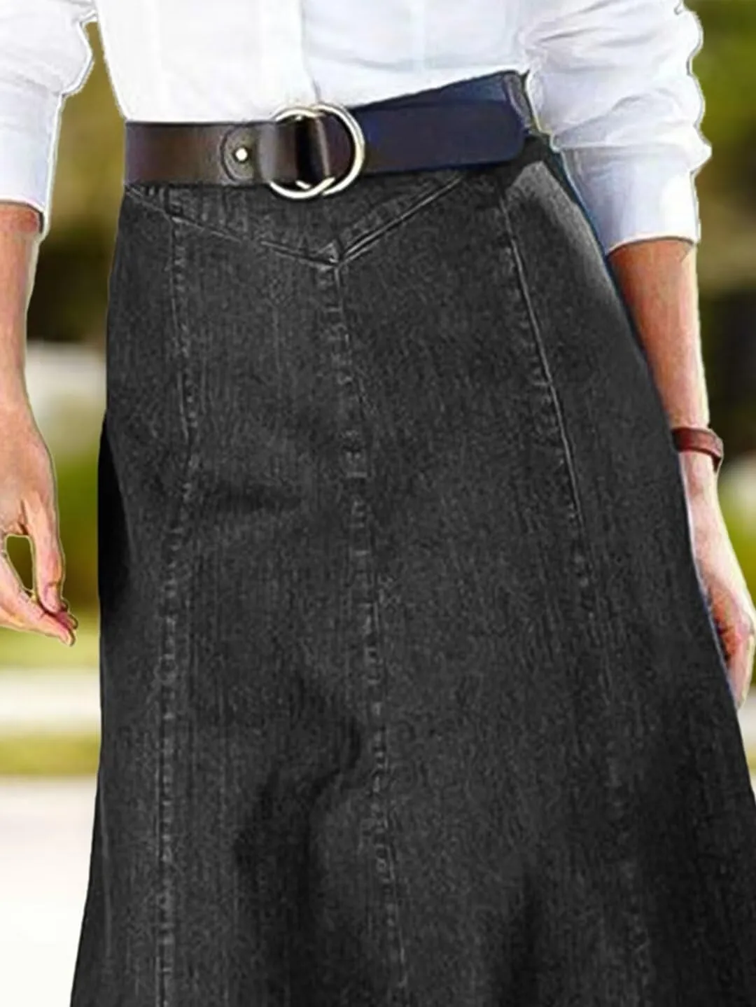 Flamingals A-Line High Rise Vintage Wash Stitch Detail Long Denim Skirt Without Belt