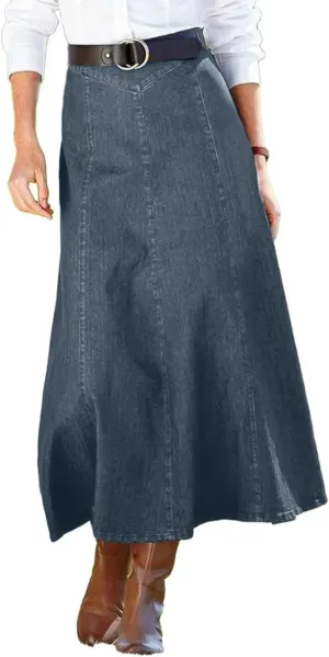 Flamingals A-Line High Rise Vintage Wash Stitch Detail Long Denim Skirt Without Belt