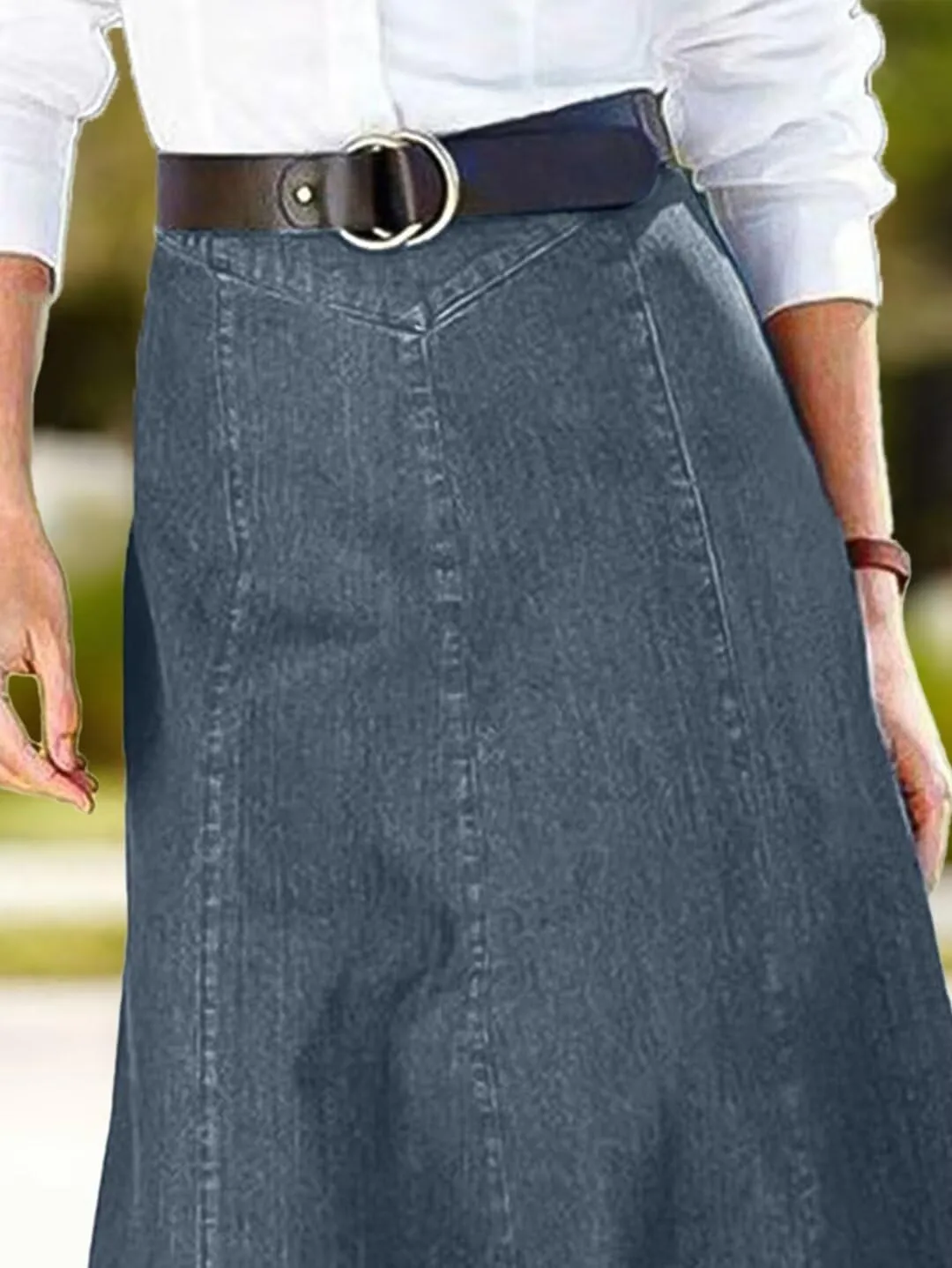Flamingals A-Line High Rise Vintage Wash Stitch Detail Long Denim Skirt Without Belt