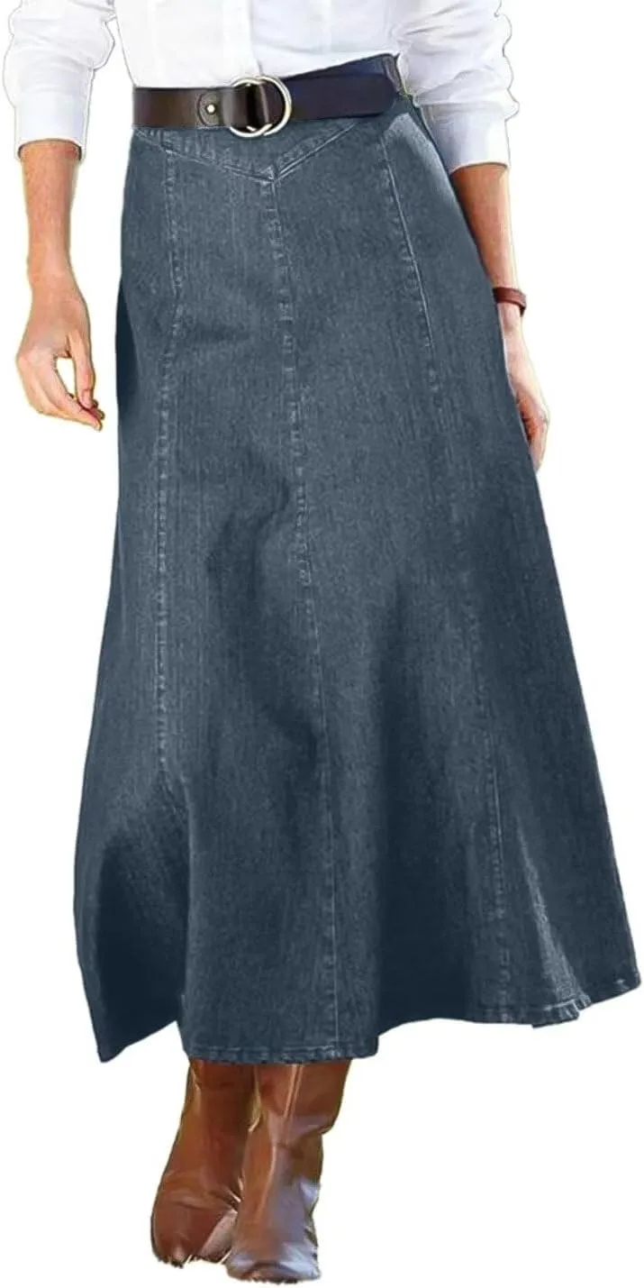 Flamingals A-Line High Rise Vintage Wash Stitch Detail Long Denim Skirt Without Belt