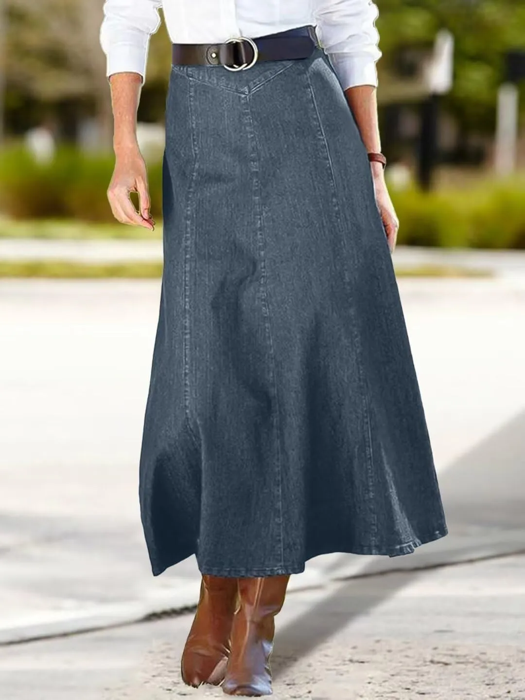 Flamingals A-Line High Rise Vintage Wash Stitch Detail Long Denim Skirt Without Belt