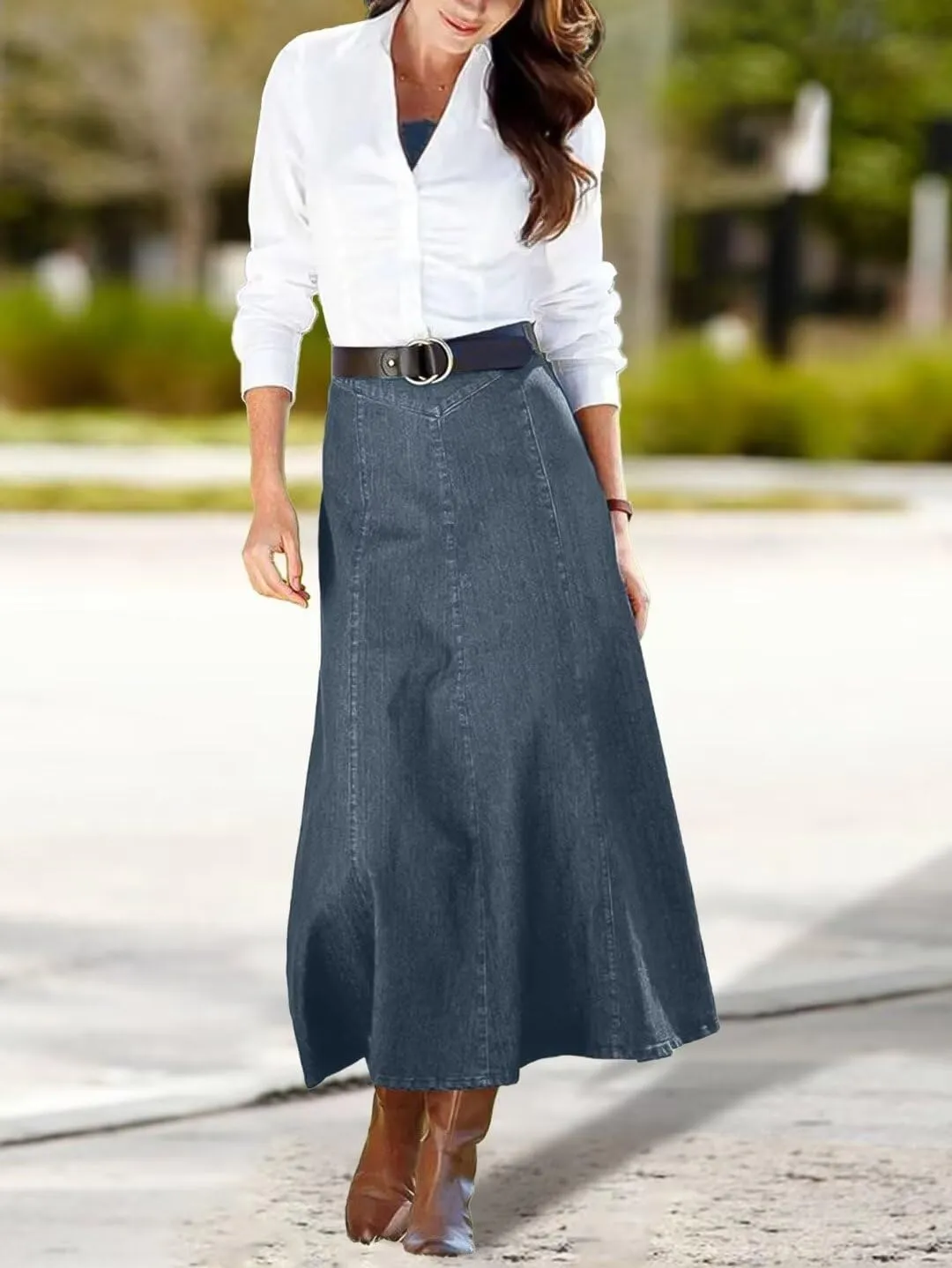 Flamingals A-Line High Rise Vintage Wash Stitch Detail Long Denim Skirt Without Belt