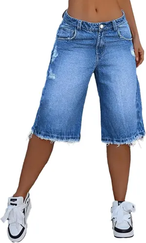 Flamingals Denim Bermuda Shorts for Women Trendy Mid Rise Stretchy Ripped Raw Hem Long Jean Shorts Casual Summer Jorts