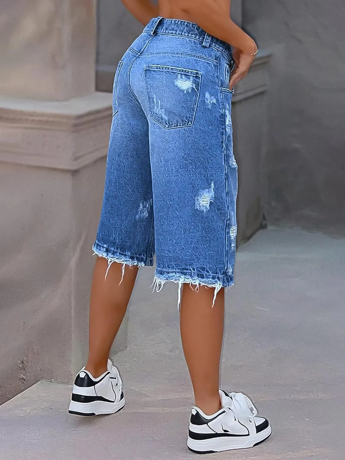 Flamingals Denim Bermuda Shorts for Women Trendy Mid Rise Stretchy Ripped Raw Hem Long Jean Shorts Casual Summer Jorts