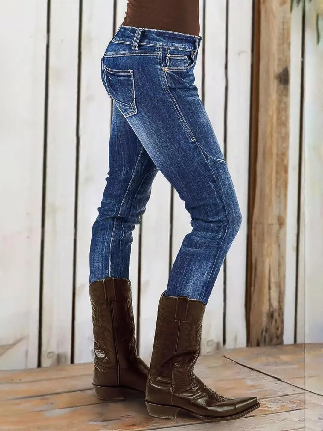 Flamingals Skinny Legs for Women Mid Waist Vintage Wash Stitch Detail Stretchy Jeans