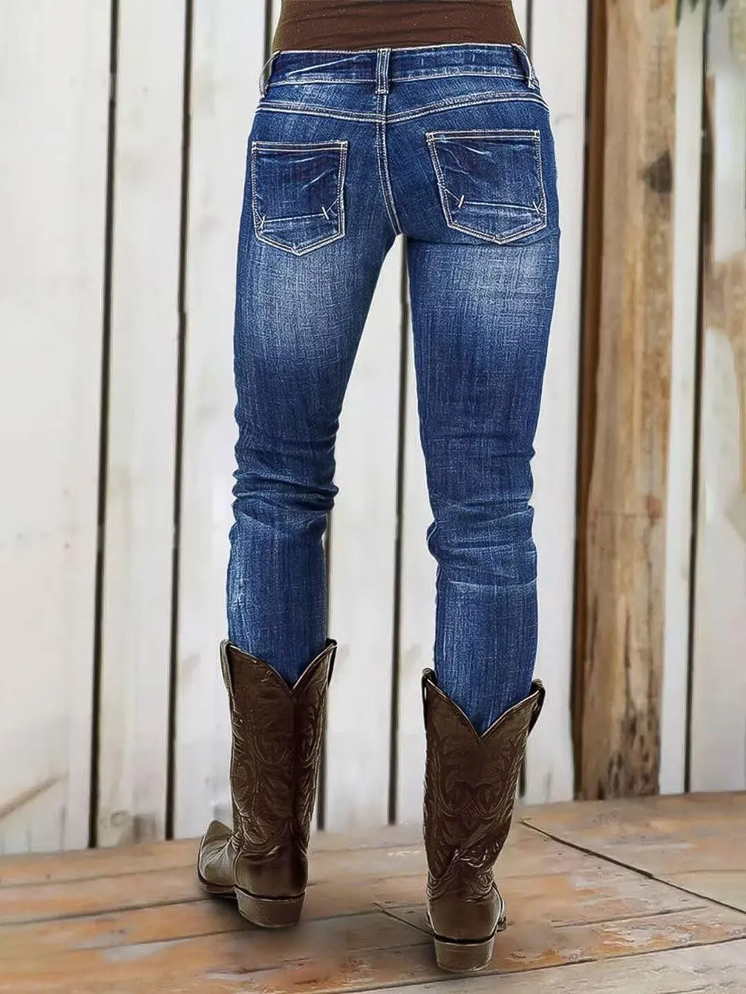 Flamingals Skinny Legs for Women Mid Waist Vintage Wash Stitch Detail Stretchy Jeans