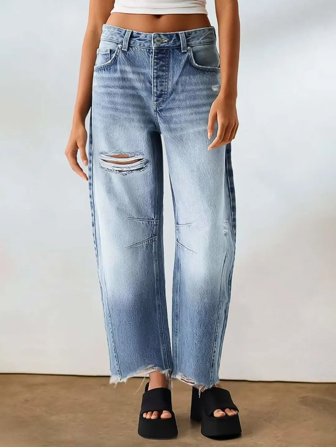 Flamingals Straight Leg Jeans for Women Ripped Raw Hem Mid Waisted Bootcut Jeans Without Belts