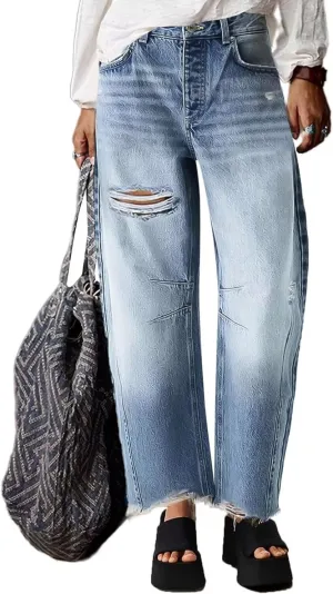 Flamingals Straight Leg Jeans for Women Ripped Raw Hem Mid Waisted Bootcut Jeans Without Belts