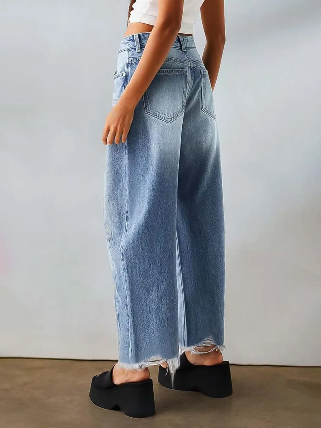 Flamingals Straight Leg Jeans for Women Ripped Raw Hem Mid Waisted Bootcut Jeans Without Belts