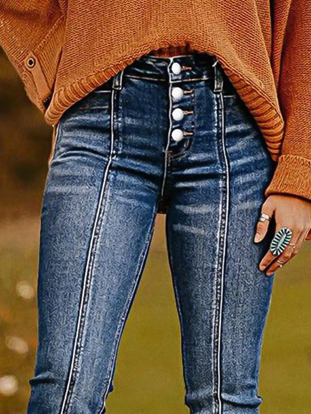 Flamingals Women's Mid Rise Stretchy Flared Leg Jeans Vintage Wash Seam Front Button Fly Trendy Denim Jeans