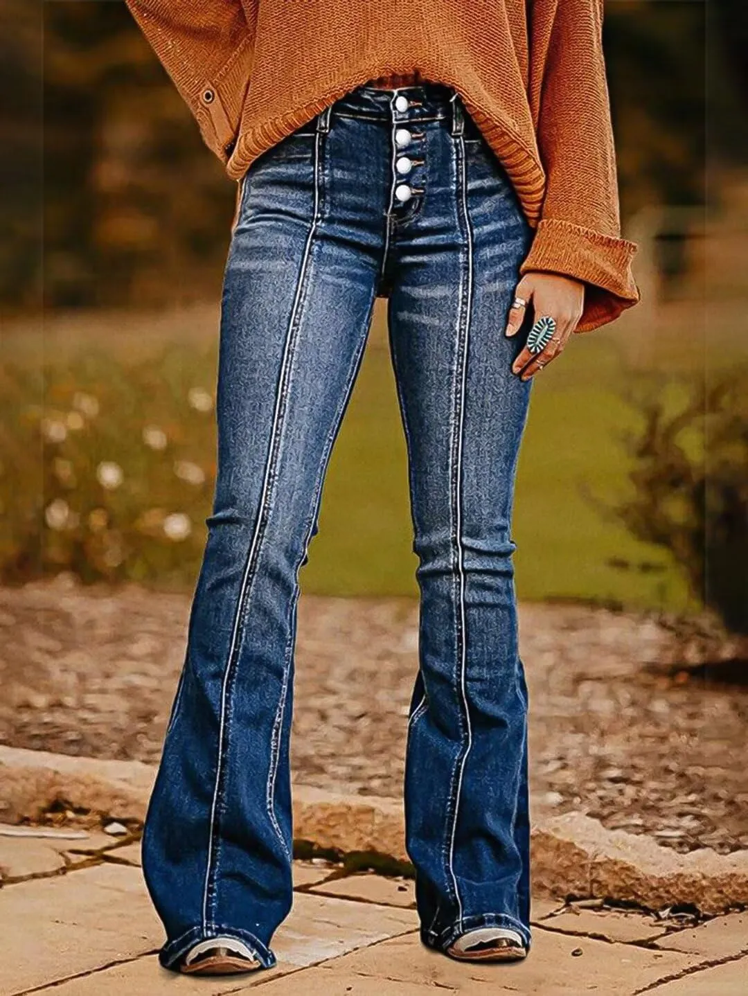Flamingals Women's Mid Rise Stretchy Flared Leg Jeans Vintage Wash Seam Front Button Fly Trendy Denim Jeans
