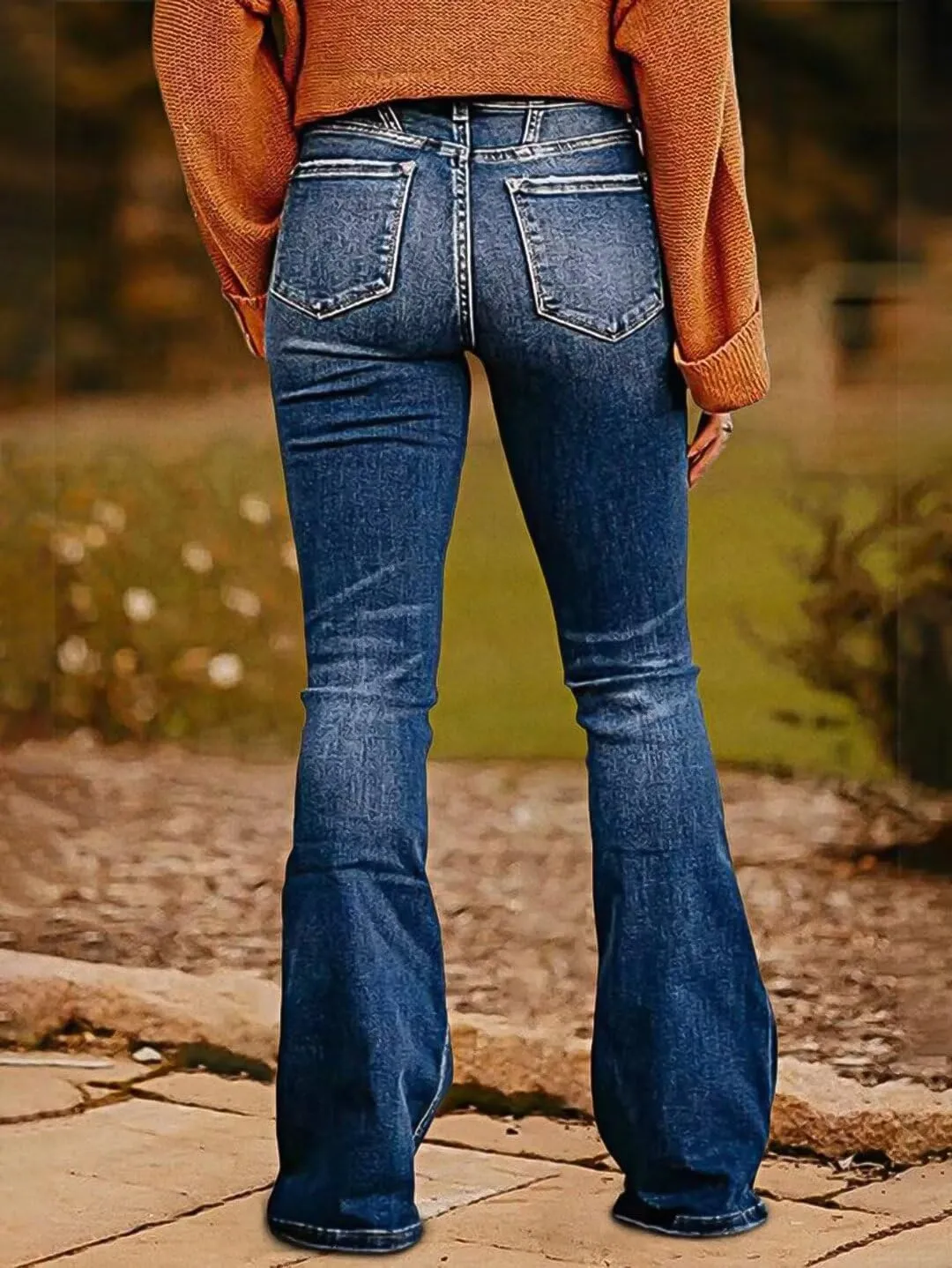 Flamingals Women's Mid Rise Stretchy Flared Leg Jeans Vintage Wash Seam Front Button Fly Trendy Denim Jeans
