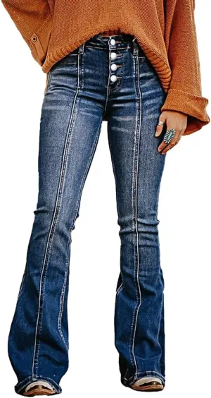 Flamingals Women's Mid Rise Stretchy Flared Leg Jeans Vintage Wash Seam Front Button Fly Trendy Denim Jeans