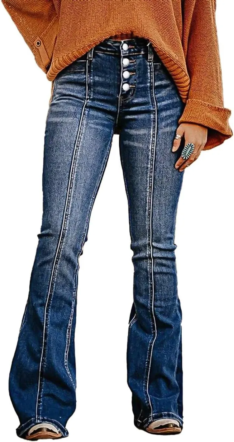 Flamingals Women's Mid Rise Stretchy Flared Leg Jeans Vintage Wash Seam Front Button Fly Trendy Denim Jeans