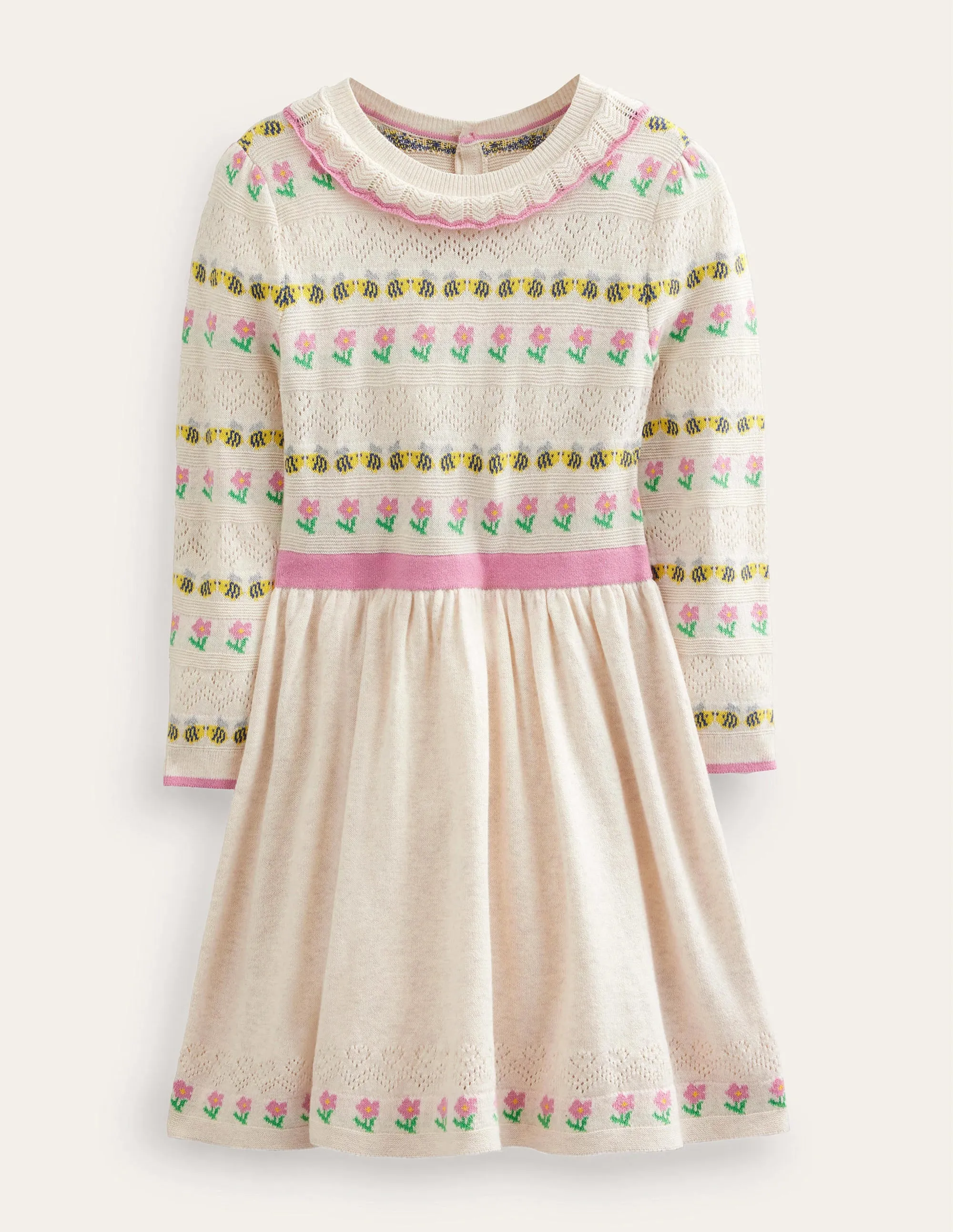 Flower Pointelle Knit Dress-Ecru Marl